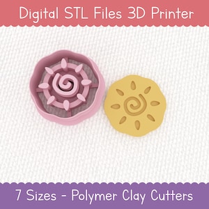 May include: Two polymer clay cutters, one pink and one yellow, are displayed on a white textured surface. The pink cutter is a flower shape with a spiral center. The yellow cutter is a sun shape with a spiral center. Text at the top reads "Digital STL Files 3D Printer".