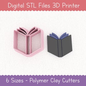 May include: Two 3D printed book-shaped cookie cutters. The cutter on the left is pink and the cutter on the right is black. Digital STL Files 3D Printer. 6 Sizes - Polymer Clay Cutters.