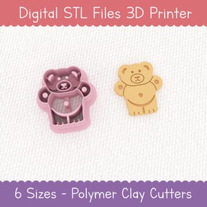 May include: Two bear-shaped polymer clay cutters. One is a solid tan bear, the other a pink outline with internal details. The text reads "Digital STL Files 3D Printer" and "6 Sizes - Polymer Clay Cutters". Ideal for crafting.