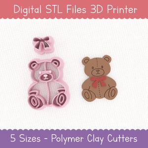 May include: Pink and brown polymer clay cutters in the shape of a teddy bear and a bow. The image includes the text "Digital STL Files 3D Printer" and "5 Sizes - Polymer Clay Cutters".