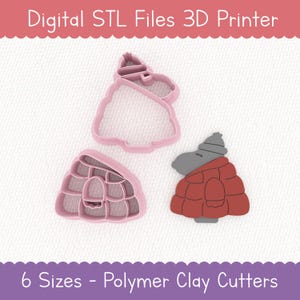 Könnte beinhalten: Rosa Kunststoff-Ausstecher in Form eines Iglus, eines Snoopy-ähnlichen Charakters in einem Wintermantel und eines schneebedeckten Hauses. Das Bild enthält den Text "Digital STL Files 3D Printer" und "6 Sizes - Polymer Clay Cutters."