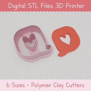 May include: Two pink polymer clay cutters, one shaped like a speech bubble with a heart inside, and the other shaped like a heart with a smaller heart inside. The cutters are on a white textured surface. 6 Sizes - Polymer Clay Cutters