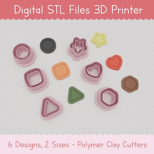 May include: A set of 6 polymer clay cutters in two sizes. The cutters are in the shapes of a circle, square, heart, star, hexagon, and triangle. The cutters are pink, orange, green, yellow, brown, and black.