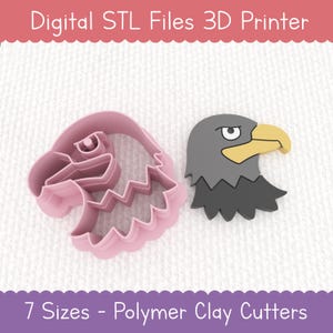 Może przedstawiać: Różowy plastikowy wykrawacz do ciastek w kształcie głowy orła obok szarej i żółtej grafiki głowy orła. Tekst "Digital STL Files 3D Printer" znajduje się na górze, a "7 Sizes - Polymer Clay Cutters" na dole.