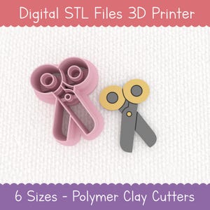 May include: Two 3D printed polymer clay cutters in the shape of scissors. The larger cutter is pink and the smaller cutter is grey with yellow handles. The text "6 Sizes - Polymer Clay Cutters" is at the bottom of the image.