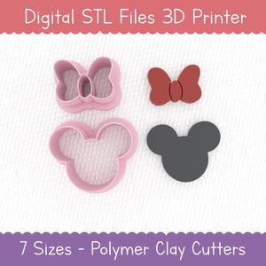 Puede incluir: Cortadores de arcilla polimérica rosas y rojos con forma de lazos y una cabeza de ratón. La imagen incluye el texto "Digital STL Files 3D Printer" y "7 Sizes - Polymer Clay Cutters".
