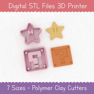 Könnte beinhalten: Vier Polymer Clay Ausstecher in Form eines Sterns, eines Sterns mit Augen und zwei Fragezeichenblöcken. Die Ausstecher sind rosa und orange. Der Text oben lautet "Digital STL Files 3D Printer". Der Text unten lautet "7 Sizes - Polymer Clay Cutters".