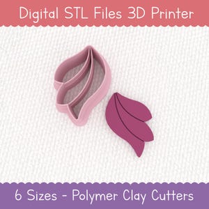 Könnte beinhalten: Zwei rosa Polymer Clay Cutter in Form eines Blattes. Die Cutter sind für die Verwendung mit Polymer Clay konzipiert und in sechs Größen erhältlich. Digitale STL-Dateien zum 3D-Druck sind ebenfalls verfügbar.