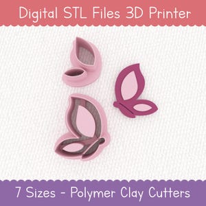 May include: Pink butterfly-shaped polymer clay cutters. The image shows three cutters in different designs, with the text "Digital STL Files 3D Printer" and "7 Sizes - Polymer Clay Cutters".