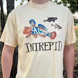 May include: A vintage, off-white t-shirt with a faded, tie-dye effect. The shirt features a colorful fish graphic and the word "INTREPID" printed in black.