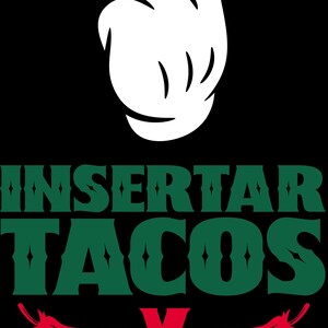 以下が含まれることがあります： 白い手が上を指している緑と赤のグラフィック。テキストは「Insertar Tacos y Cerveza」です。