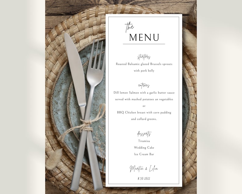 Event Menu Card Example Boho Rustic Wedding Menu Template, Printable Dinner Card (digital ...