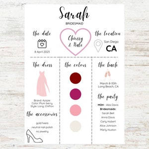 Bridesmaid Information Card, Editable Bridal Party Information Template, Bridal Proposal Card, Bridesmaid, Wedding Party Information Card