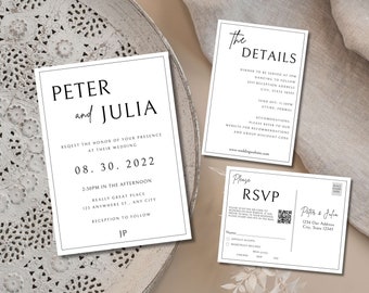 Wedding Invitation with QR Code, Minimalist Wedding Invite Suite, Simple Editable Wedding Invite Template, Canva Wedding Template, MIA
