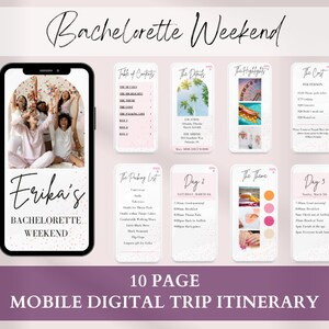 Plantilla de itinerario para despedida de soltera en formato móvil, plan de viaje de fin de semana para chicas (Canva, descarga digital)