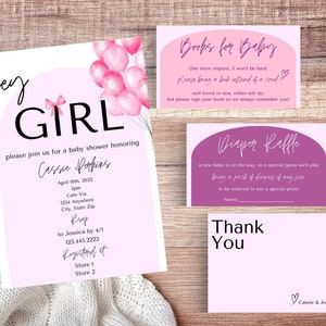 Girl Baby Shower Invitation Bundle, Editable Baby Invite Template, Diaper Raffle Books for Baby Inserts, Pink Ribbon Baby, Pink Baby Shower