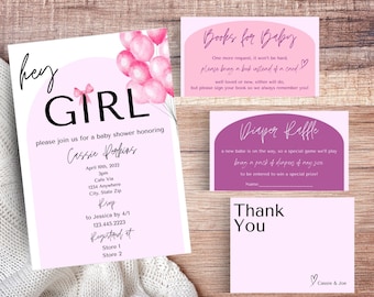 Pink Baby Shower Invitation Bundle, Diaper Raffle, Books for Baby (Digital Download)