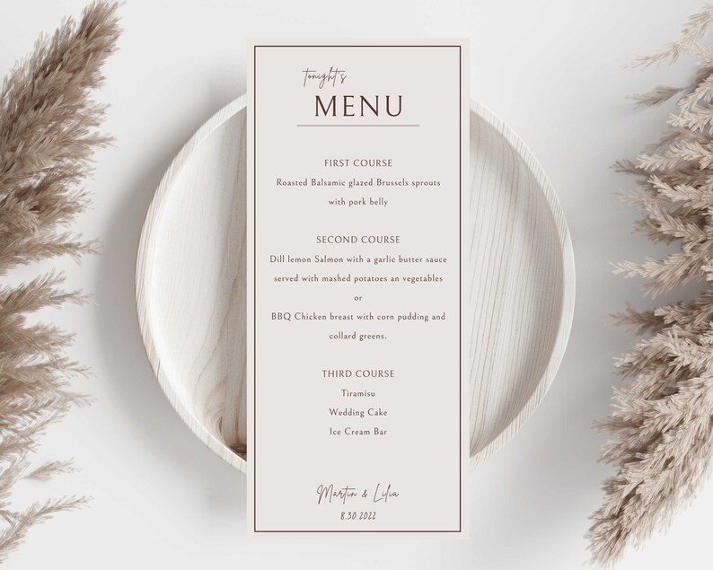 Menu First Course Layout Wedding Event Menu Card Template, Boho Rustic Neutral Menu, Editable ...
