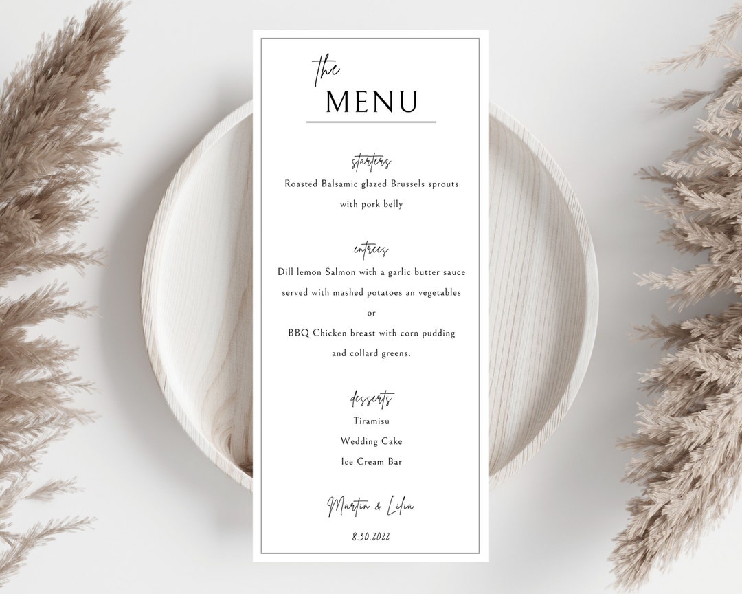 Event Menu Card Example Boho Rustic Wedding Menu Template, Printable Dinner Card (digital ...