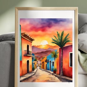 Colorful Sunset Mexican Street Digital Art, Instant Download, Tropical Wall Art, Mexican Southwst Inspired Village Print, Vibrant Home Decor