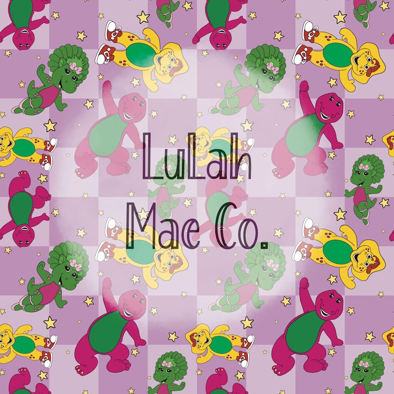 May include: A repeating pattern featuring cartoon dinosaurs in shades of purple, green, and yellow, with a light purple checkered background and scattered yellow stars. The text "Lulah Mae Co." is overlaid on the design.
