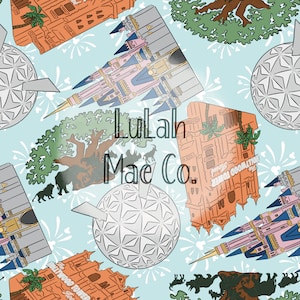 May include: A colorful seamless pattern featuring various Disney World landmarks, including Cinderella's Castle, Spaceship Earth, and the Hollywood Tower Hotel. The pattern is set against a light blue background with white fireworks.