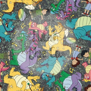 Peut inclure: Motif répétitif de dragons de dessins animés de différentes couleurs, dont le jaune, le bleu, le vert et le violet, dansant et jouant des notes de musique. Des enfants sont également dispersés sur le motif sur un fond gris foncé.
