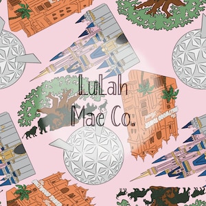 May include: Pink patterned design featuring illustrations of a castle, a tree, a sphere, and a building. The design also includes silhouettes of animals and the text "Lulah Mae Co."