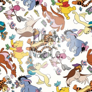 May include: A repeating pattern featuring Winnie the Pooh characters, including Pooh, Tigger, Eeyore, Piglet, and others, interacting with butterflies. The design is set against a cream background, with the text "Lulah Mae Co." overlaid.