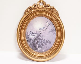 Vintage Ornate Gold Tone Oval Frame, Homco Bird Nest Print Cottagecore Art Wall Decor