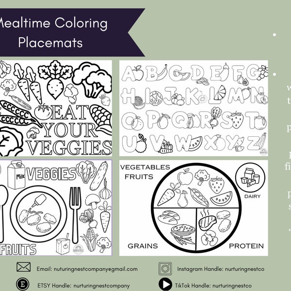 4 Mealtime Coloring Placemats Digital Download