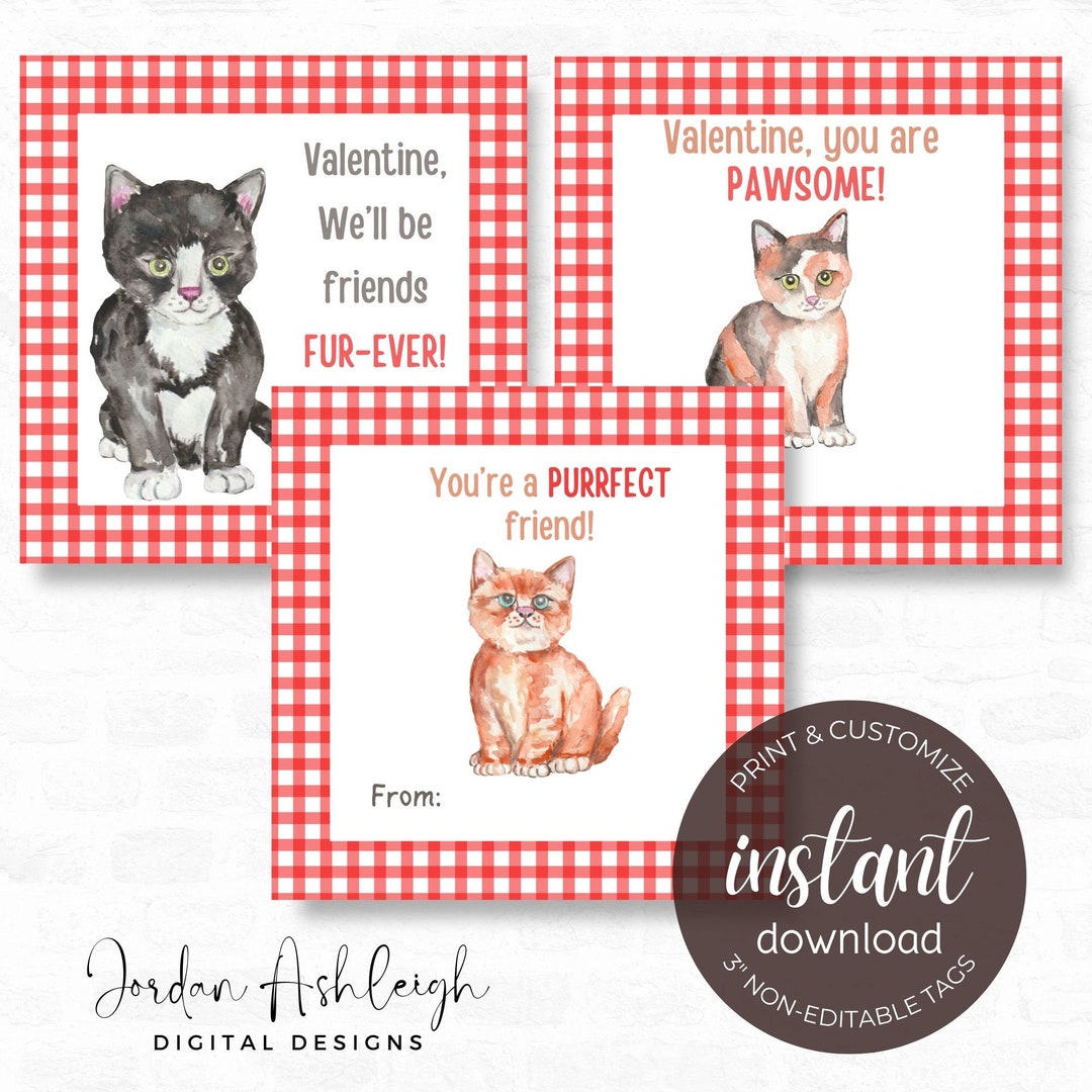 Printable Kitten Valentine's Cards for Kids, Classroom Valentine Cards ...