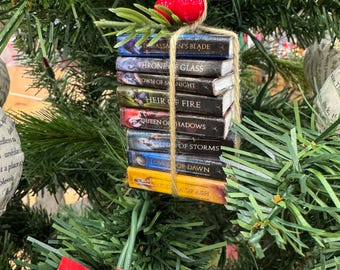 May include: A miniature stack of eight books tied together with twine as a hanging ornament. The spines feature titles including The Assassin's Blade, Throne of Glass, Crown of Midnight, Heir of Fire, Queen of Shadows, Empire of Storms, Tower of Dawn, and Kingdom of Ash.