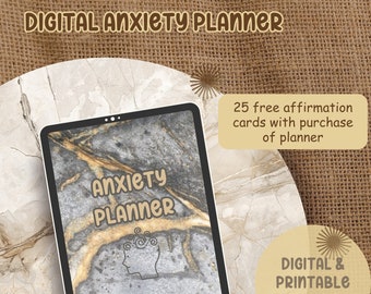 May include: A digital tablet displaying an "Anxiety Planner" with a marble-like background. The text "Digital Anxiety Planner" is at the top. Includes a bonus of 25 free affirmation cards with purchase. Digital and printable download.