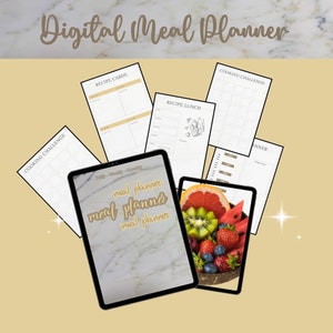 May include: Digital meal planner with recipe cards, cooking challenge pages, and a tablet displaying the words "meal planner." A second tablet shows a bowl of fresh fruit. The background is a light tan color.