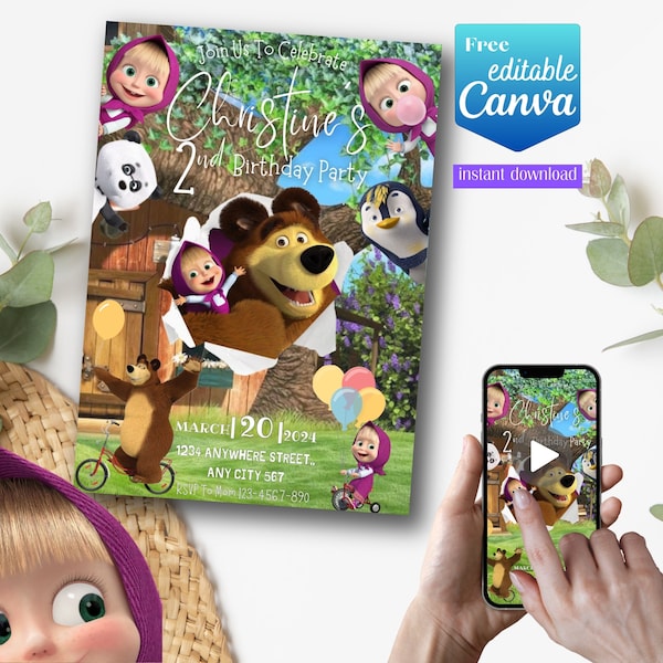 Customized Editable, Cute Masha And The Bear Birthday Invitation | Thank You Card| Digital and Printable Invitation| Video Invitation