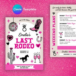 Letzte Rodeo Junggesellinnenabschied Einladung, Disco Cowgirl Wochenende Reiseplan Vorlage, Nashville Nash Bach Einladen, bearbeitbare Canva Vorlage