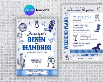 Denim & Diamonds Bachelorette Party Invitation: Disco Cowgirl Weekend Itinerary for Nashville (Editable Canva Template)