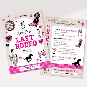 Letzte Rodeo Junggesellinnenabschied Einladung, Disco Cowgirl Wochenende Reiseplan Vorlage, Nashville Nash Bach Einladen, bearbeitbare Canva Vorlage