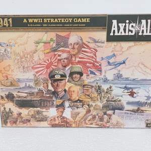 May include: The Axis & Allies 1941 A WWII Strategy Game box features a collage of historical military illustrations, including portraits of leaders, tanks, warships, and aircraft. The text reads 1941, A WWII Strategy Game, 2-5 Players, 160+ Playing Pieces, Game by Larry Harris, Axis & Allies, and Age 12+.