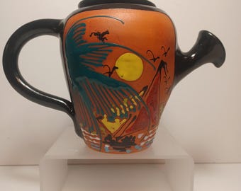 Vintage Decorative Clay Teapot with painted scene