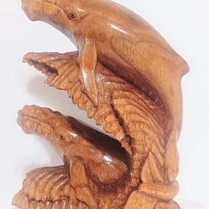 Hand Carved Wooden Whales Riding a Wave , Sculpture