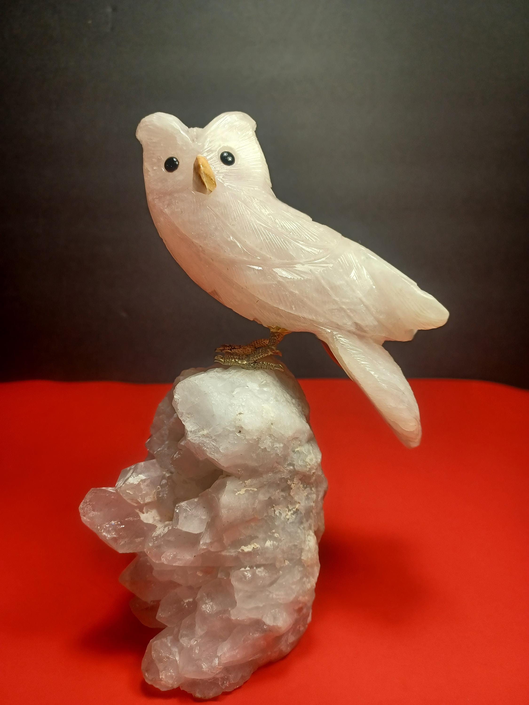 Large Hand Carved Quartz Owl on a Quartz Base