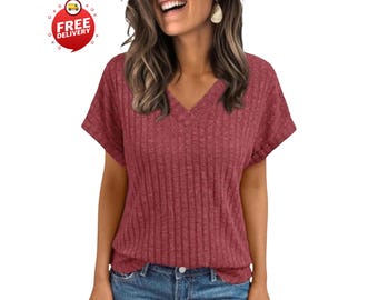 Blusa de mujer para primavera 2026, suéter de manga corta con cuello en V, estilo casual elegante para vacaciones.