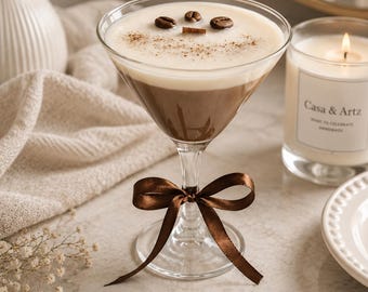 May include: A glass martini-style vessel filled with a layered brown and white substance, topped with three coffee beans and a dusting of powder. A dark brown satin ribbon is tied in a bow around the stem of the glass, which sits upright.