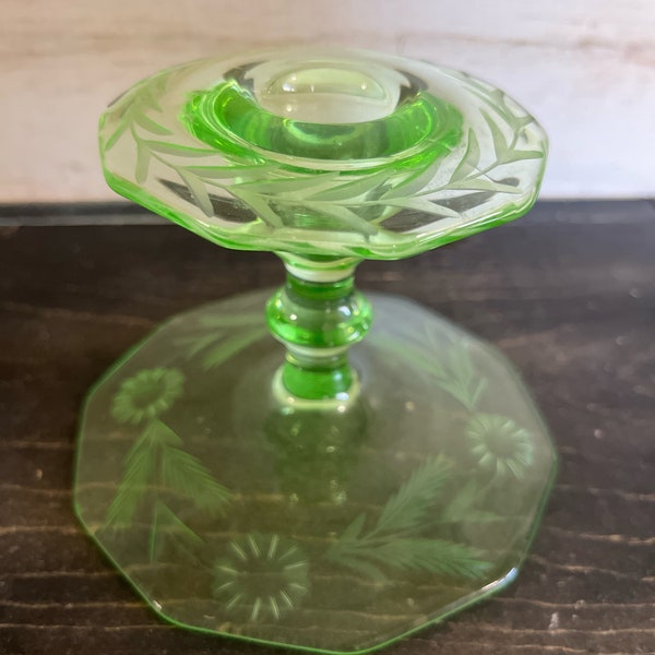 One Vintage transparent green floral etched uranium/vaseline glass candle holder | glowing glass | depression era