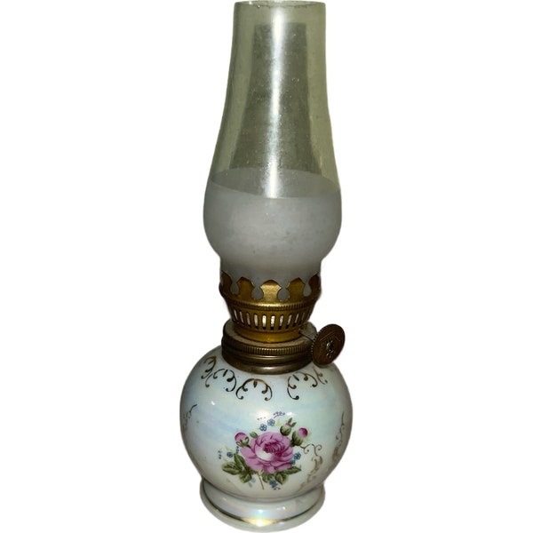 Midcentury Lusterware Mini Oil Lamp Multi Color Flowers an Shade Half Frosted