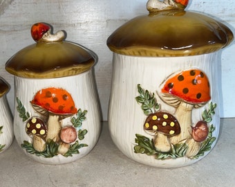 Vintage 1977 Sears and Roebuck mushroom canisters, retro canisters, vintage mushroom canisters, mushroom canister set, retro kitchen decor