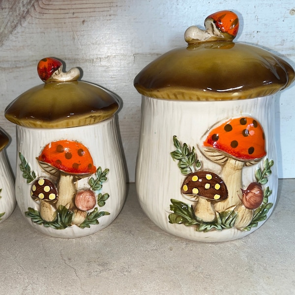 Vintage 1977 Sears and Roebuck mushroom canisters, retro canisters, vintage mushroom canisters, mushroom canister set, retro kitchen decor