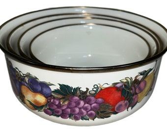 Vintage enameled nesting bowls set of 4 Cornucopia Enamel Metal Nesting Bowls Fruit Country Thanksgiving
